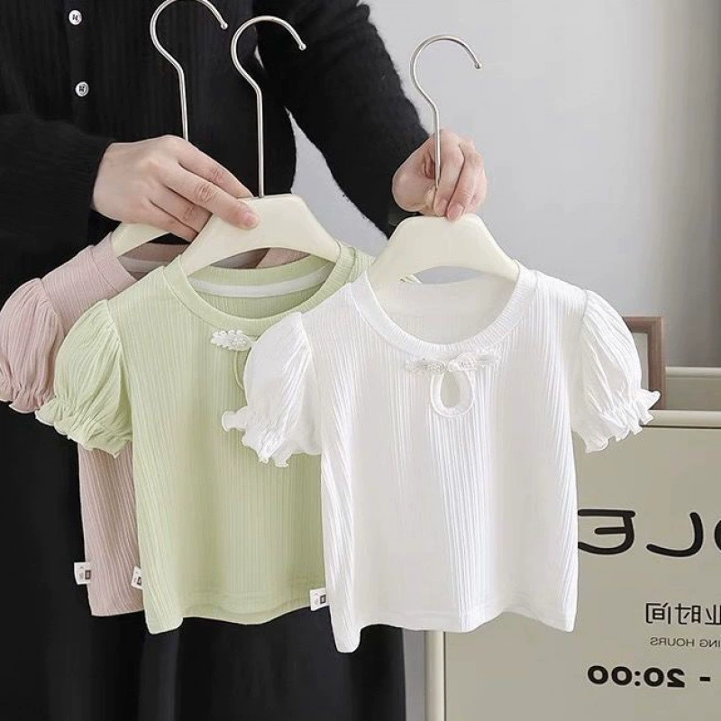 Футболка с короткими рукавами для девочек, новая летняя детская новая тонкая летняя одежда в стиле шинуазри, топы в стиле шинуазри для маленьких девочек, детская летняя одежда