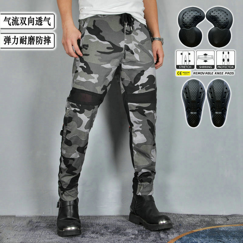 Volero motocicleta verano flujo de aire tobillo-atado pantalones de montar malla de dos vías transpirable camuflaje motocicleta anti-caída pantalones hombres