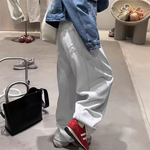 Gray-White Cropped Denim Jeans for Women, 2025 Spring/Summer Collection: Plus-Size, High-Waisted, Loose-Fit, Slimming Design with Wide Legs