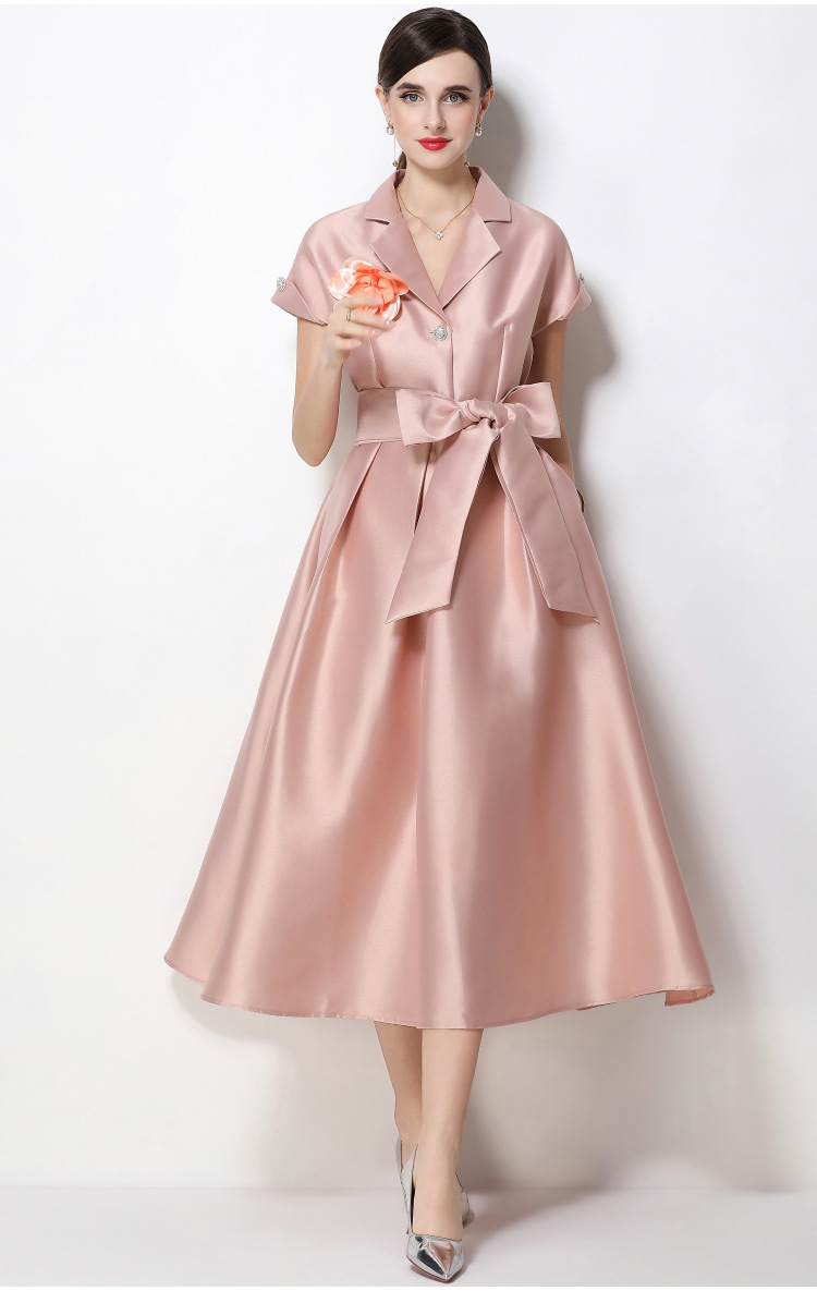 Đầm maxi nữ hoa nổi tay ngắn cổ vest thắt eo jacquard xòe — màu đen, Rượu vang đỏ, xanh lam, màu hồng đậm chi tiết 13