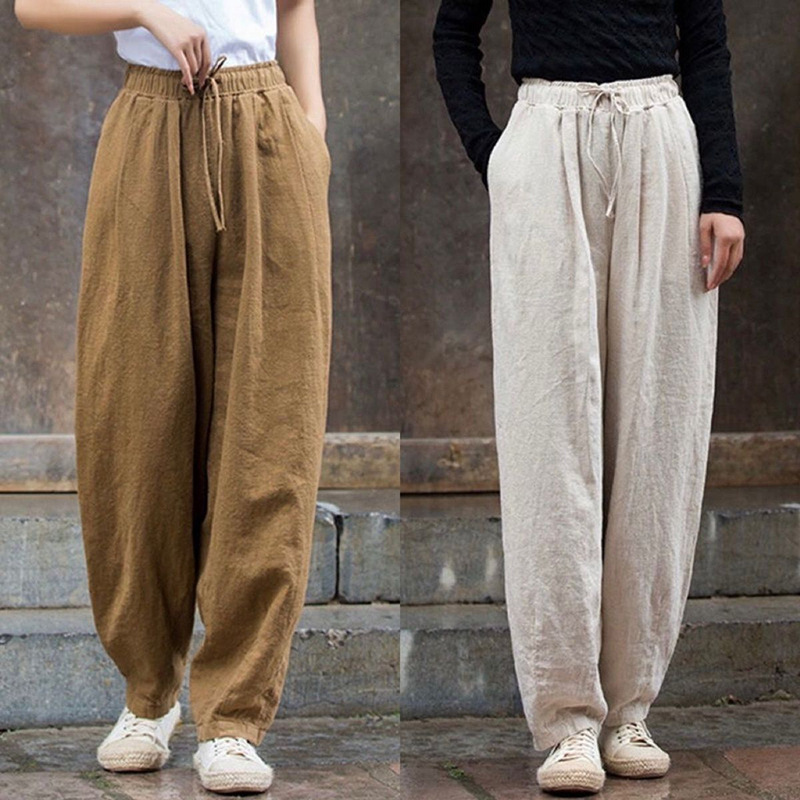 黑色显瘦大码宽松棉麻萝卜裤束脚女装灯笼裤春夏季新款休闲裤秋天