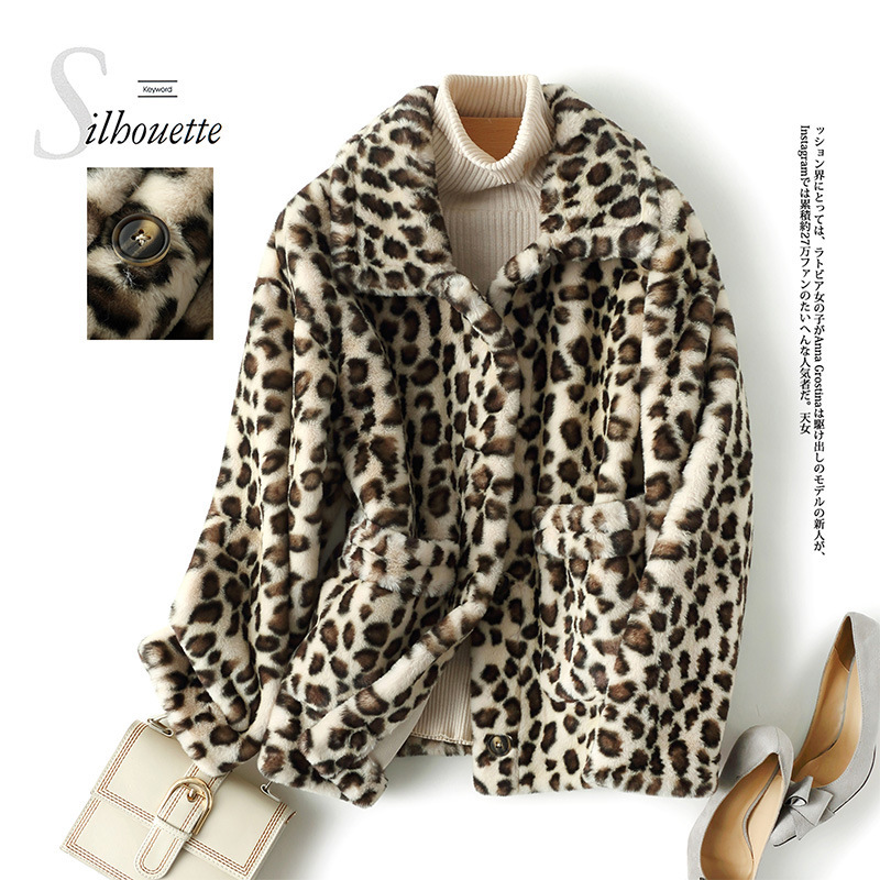 豹纹羊羔毛外套女短款2024冬季韩版宽松两面穿大衣加厚小个子2029