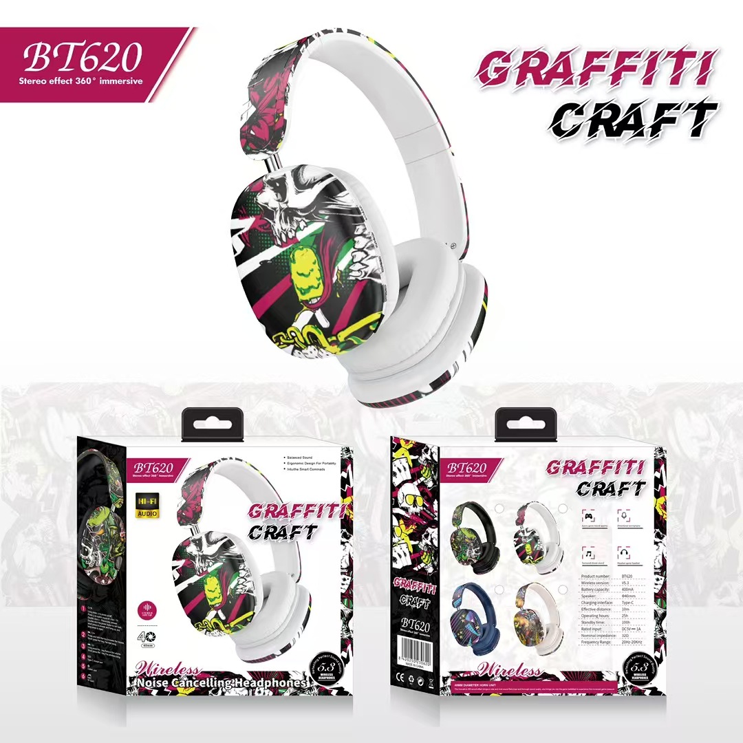 Comercio exterior transfronterizo BT620 graffiti auriculares Bluetooth 5.3 tarjeta retráctil plegable auriculares deportivos universales image 5