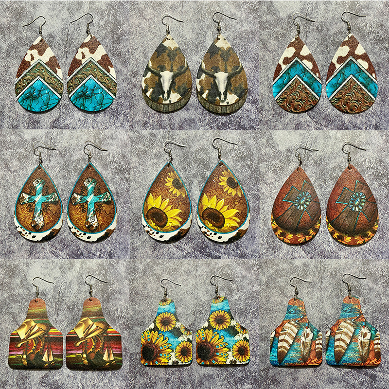 Cross-border Western Retro Leather Earrings Bohemian Style Printing Atmospheric Fashion Water Drop Cow Brand Earrings Factory Supply