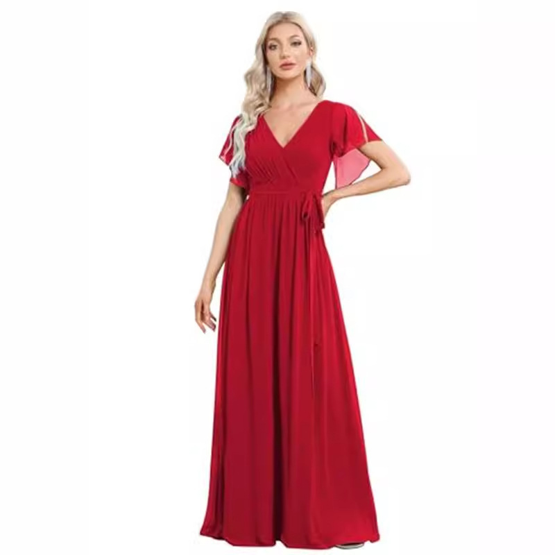 Cross-Border Foreign Trade Evening Dress 2026 New Sexy Slim-Fit V-Neck Chiffon Dress Women's Party Bridesmaid Dress