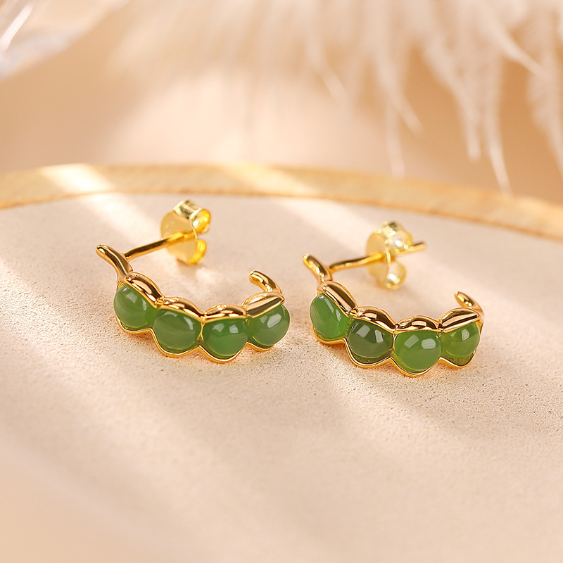 Bông tai nữ bạc S925 mạ vàng đính đá jasper hạt đậu phong cách trẻ trung — Kiểu mạ bạch kim