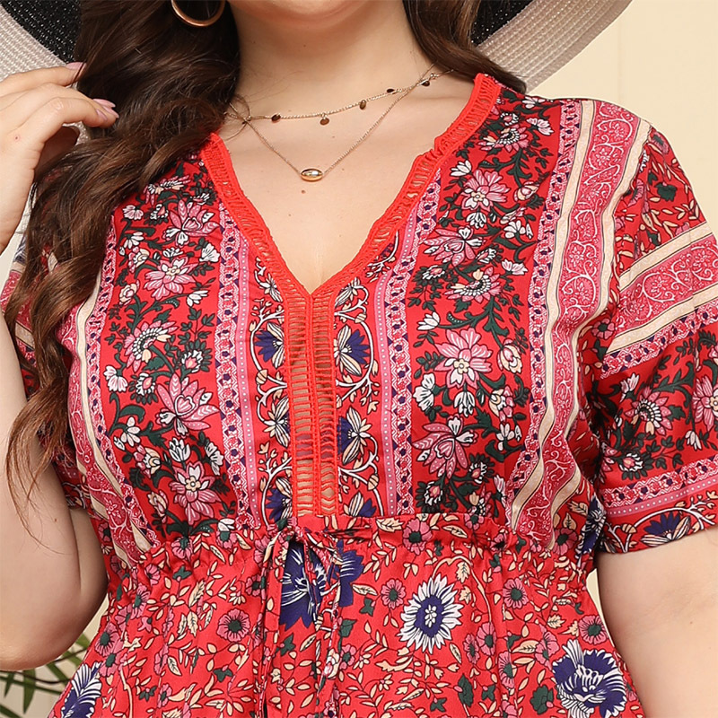 Swing Dress Ethnic Style V Neck Patchwork Straps Lace Short Sleeve Ditsy Floral Maxi Long Dress Daily display picture 2