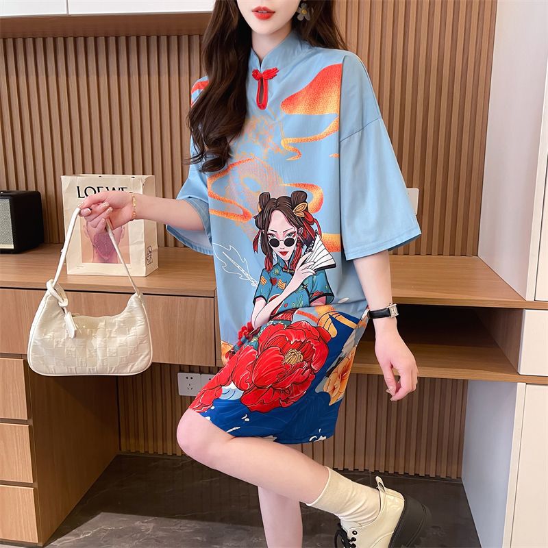 New Chinese Style Cheongsam T-Shirt Dress for Women, Spring and Summer Design, Floral Petite Dress, Improved Hanfu New Chinese Style Cheongsam T-Shirt Dress for Women, Spring and Summer Design, Floral Petite Dress, Improved Hanfu