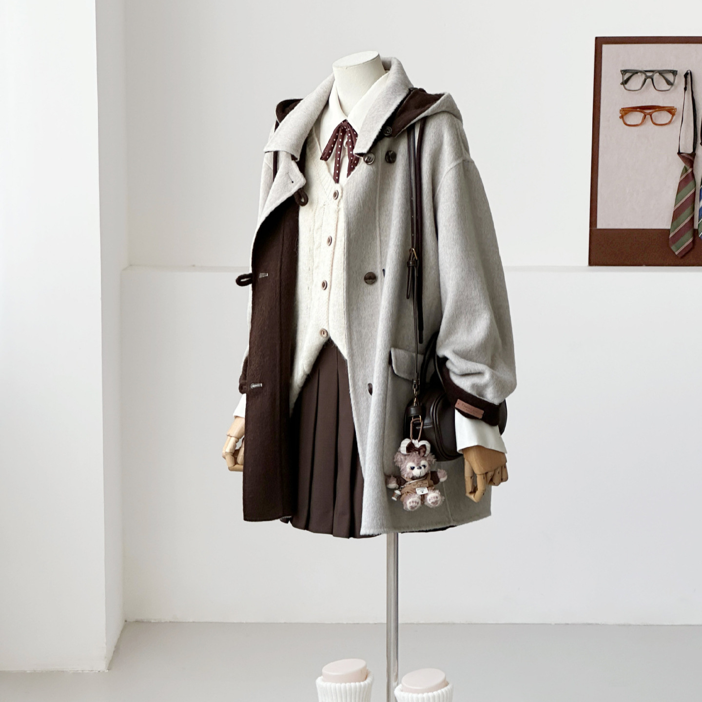 【雪松絮雨】2025秋冬新款双面羊毛大衣连帽宽松学院风百搭外套HL