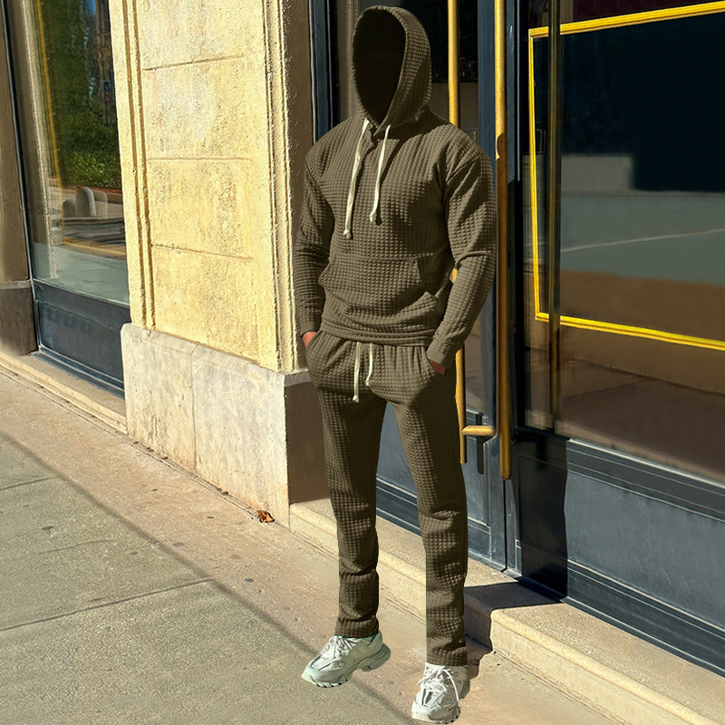 Independent autumn and winter men's jacquard small grid hooded sweatshirt, long pants, casual sports suit_voghion.com