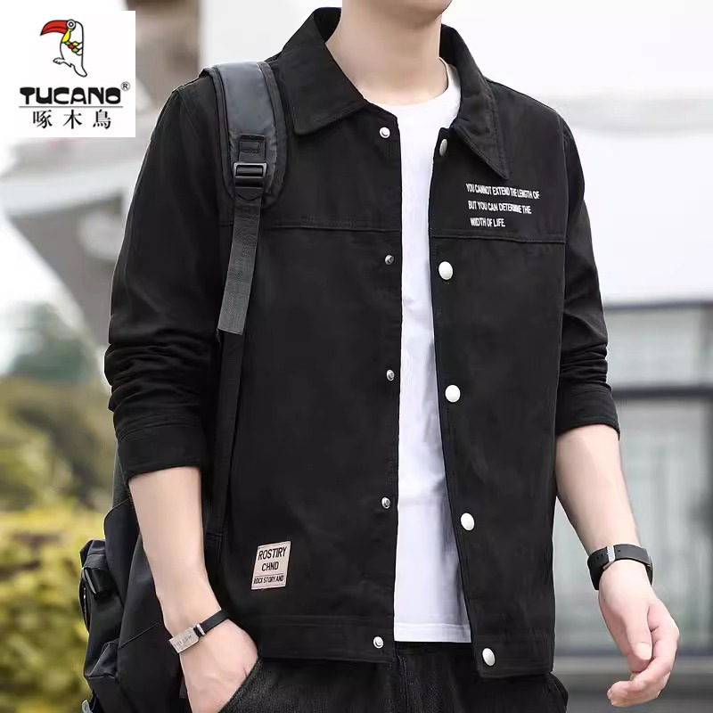 Woodpecker Men's Jacket Spring and Autumn Tooling Outdoor Casual Clothes Top Black All-match Suede Jacket for Men