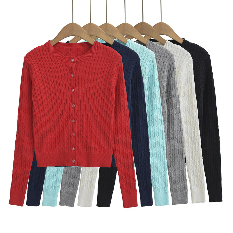 Women's Round Neck Single-Breasted Knitted Cardigan for Autumn 2024 Short Stretch Slim-Fit Twist Knitted Long-Sleeved Sweater Women's Round Neck Single-Breasted Knitted Cardigan for Autumn 2024 Short Stretch Slim-Fit Twist Knitted Long-Sleeved Sweater