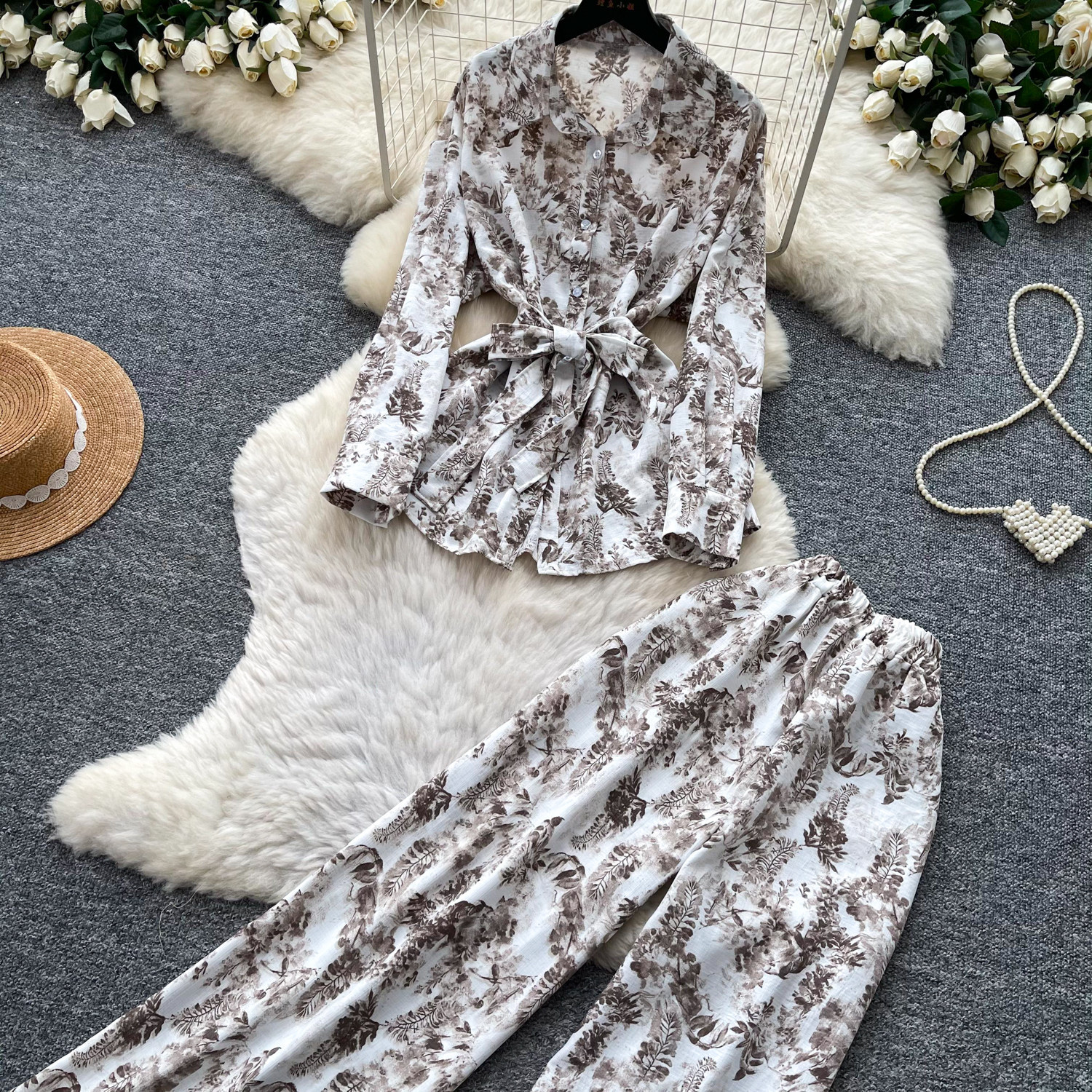 Women's Sophisticated Elegant Two Piece Set Autumn Tie up V Neck Top High Waisted Wide Leg Pants Slimming Stylish Look_ecoleips.com