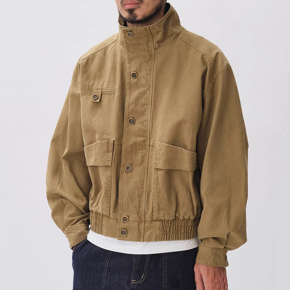 Giacca da lavoro retrò da uomo con colletto alto e design patchwork invecchiato, lavata e in stile Heavy Industry_voghion.com