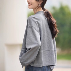 棉质撞色刺绣边无帽卫衣女2025春季棒球领设计感气质上衣