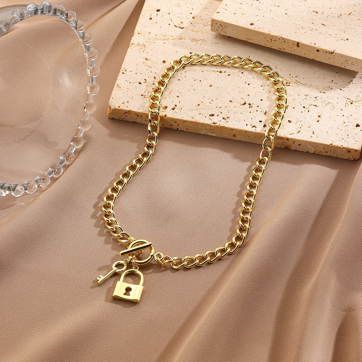 hot selling simple punk thick chain lock key pendant love lock key OT buckle necklace_voghion.com
