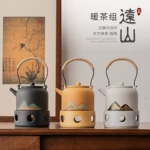 日式手绘远山暖茶炉套装手工粗陶温茶器功夫茶具蜡烛加热底座保温
