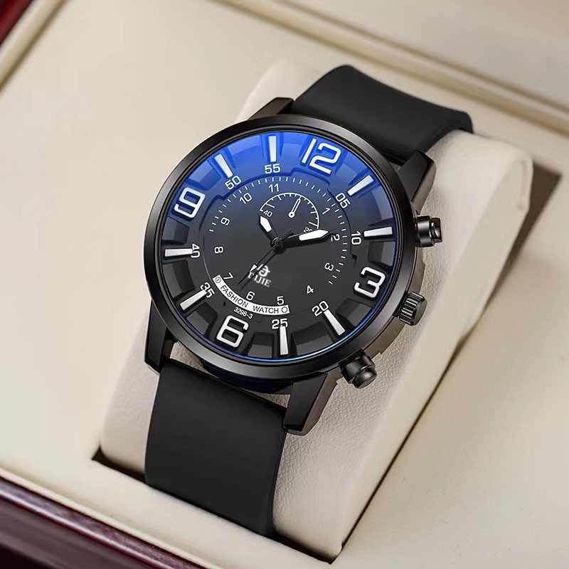 Men's High-End Popular Men's Silicone Watch Wholesale Cross-Border Live Broadcast Large Dial Blue Light Sports Waterproof Quartz Watch