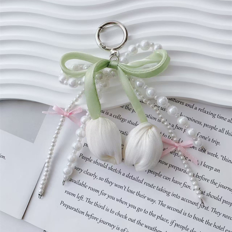 Ins Style Tulip Keychain Fresh Flower Ribbon Bag Pendant Pearl Bow Girl Heart Hanging