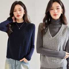 25秋季新款复古V领蓬松舒适羊毛绞花宽松马甲背心短款上衣女22657