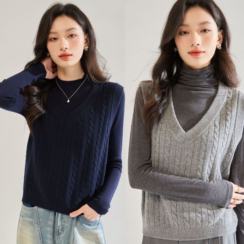 New Retro V-Neck Fluffy and Comfortable Wool Cable-Knit Loose Vest Short Top for Women 22657 New Retro V-Neck Fluffy and Comfortable Wool Cable-Knit Loose Vest Short Top for Women 22657