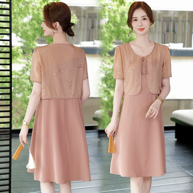 Новое летнее повседневное платье для женщин среднего и пожилого возраста, платье для мамы с круглым вырезом и лентой, женское платье с круглым вырезом и короткими рукавами