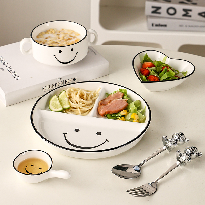 Smiling Face Bowl Divided Plate Fat-Reducing Breakfast Plate Creative Children's Ceramic Tableware Set Kindergarten Home Use Plate Smiling Face Bowl Divided Plate Fat-Reducing Breakfast Plate Creative Children's Ceramic Tableware Set Kindergarten Home Use Plate