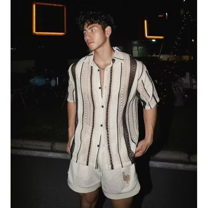 POLO camisa solapa suéter de manga corta cardigan de hombre rayas huecas chaqueta retro camiseta comercio exterior al por mayor transfronterizo de moda