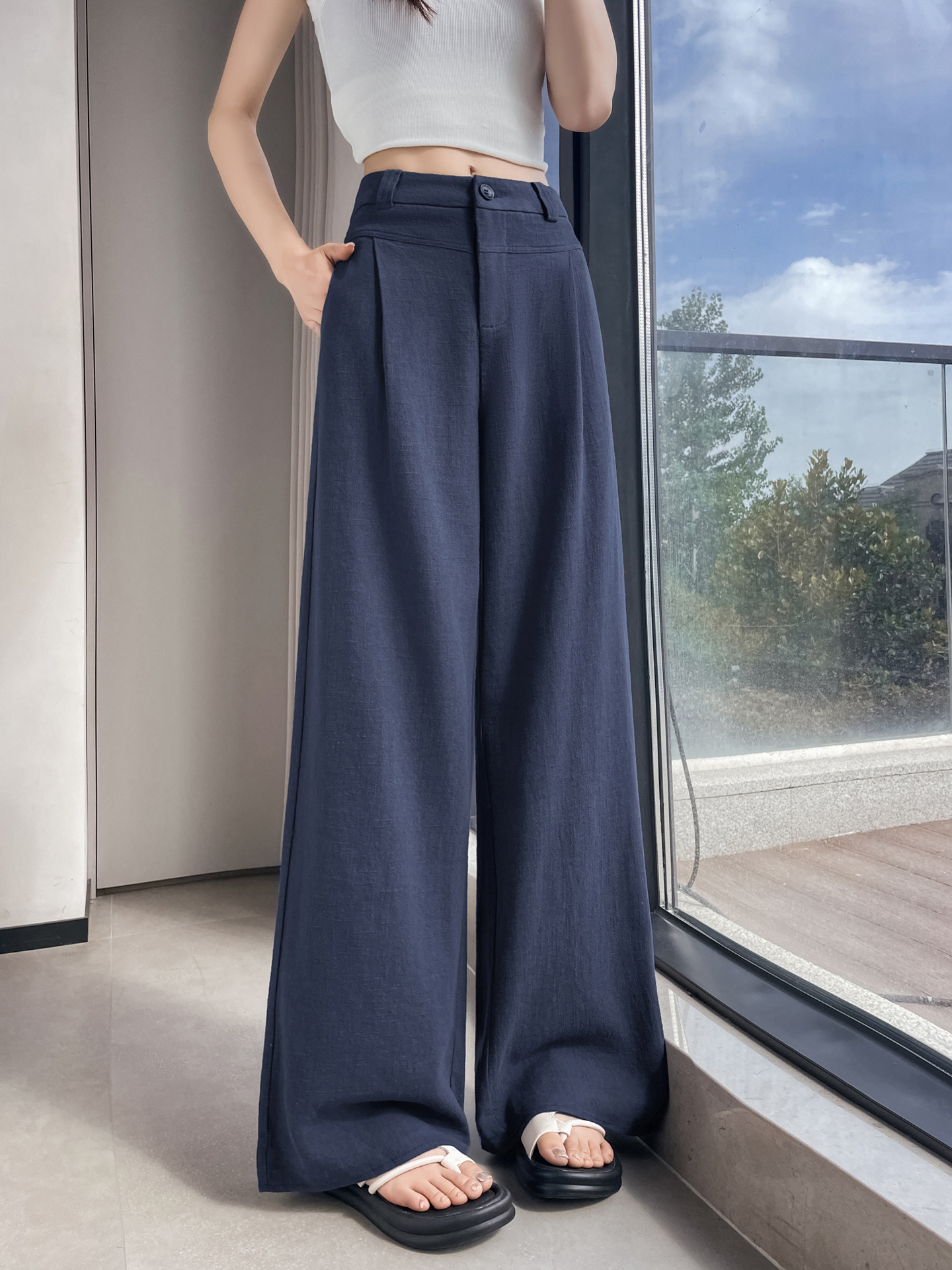 Quần culottes nữ ống rộng cạp cao vải linen phối cotton mềm mại, form suông rộng thoải mái — Trắng Extended