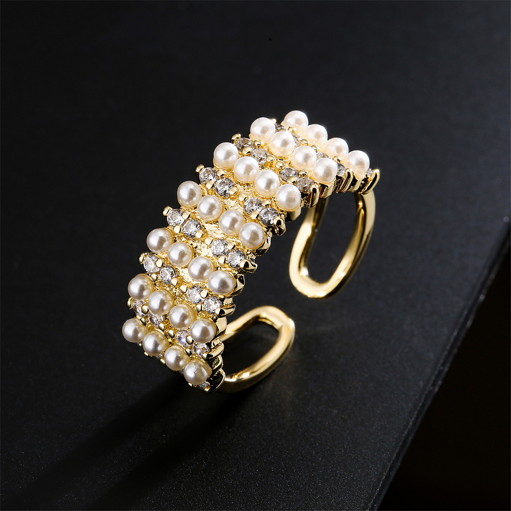 Copper Plated 18k Gold 4 Rows Millet Pearl Opening Design Adjustable Ring display picture 3