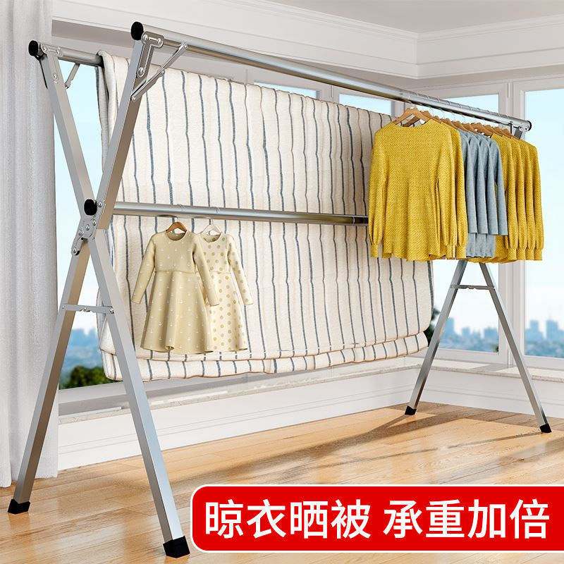 확장 가능한 접이식 옷걸이 침실 바닥 스탠딩 옷걸이 홈 간단한 이중 막대 옷장 옷장 선반
