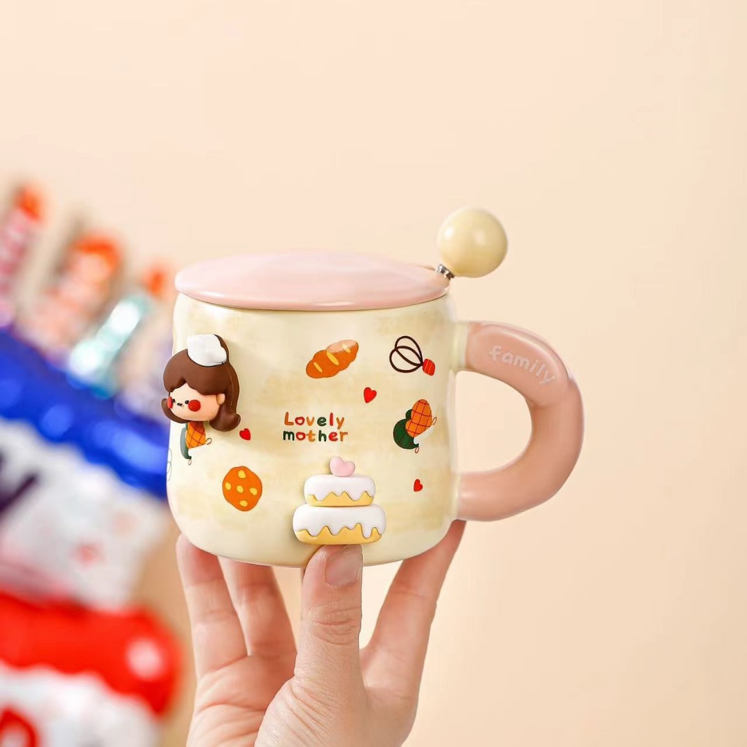 Creativo diy familia taza de cerámica con cubierta cuchara de dibujos animados taza de café de alto valor de cara regalo de mano taza de agua