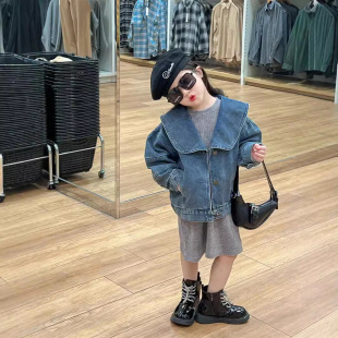 2024 spring new Korean style children's clothing girls' European and American style large lapel denim jacket baby loose coat