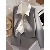 Новая короткая серая куртка больших размеров для женщин, модный костюм, элегантный топ для полных и миниатюрных, ранняя осень 2025 года