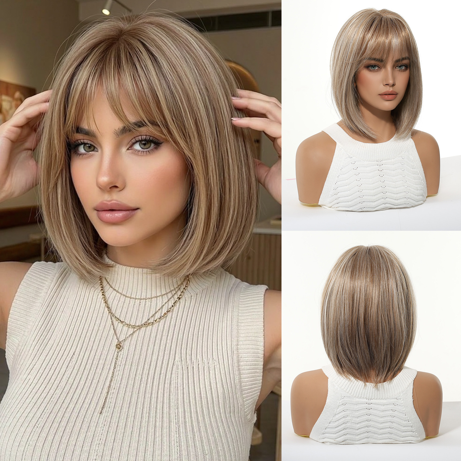 Oro cálido teñido Qi Hai Shun recto cabello corto cubierta de cabeza de seda de alta temperatura sombrero de red de rosas 12 pulgadas cuero cabelludo simulado Hai