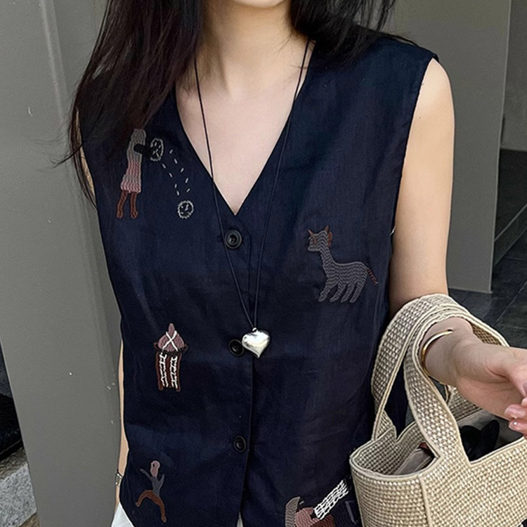 漫画刺繍 V ネックリネンベスト夏薄いベストデザイン気質アウターノースリーブ甘いトップ女性のための|undefined