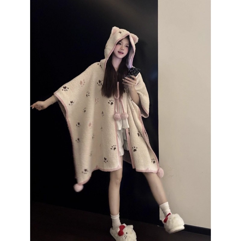 可爱甜美爪印猫耳针织半边绒睡衣女秋冬保暖加厚睡袍披风斗篷睡裙