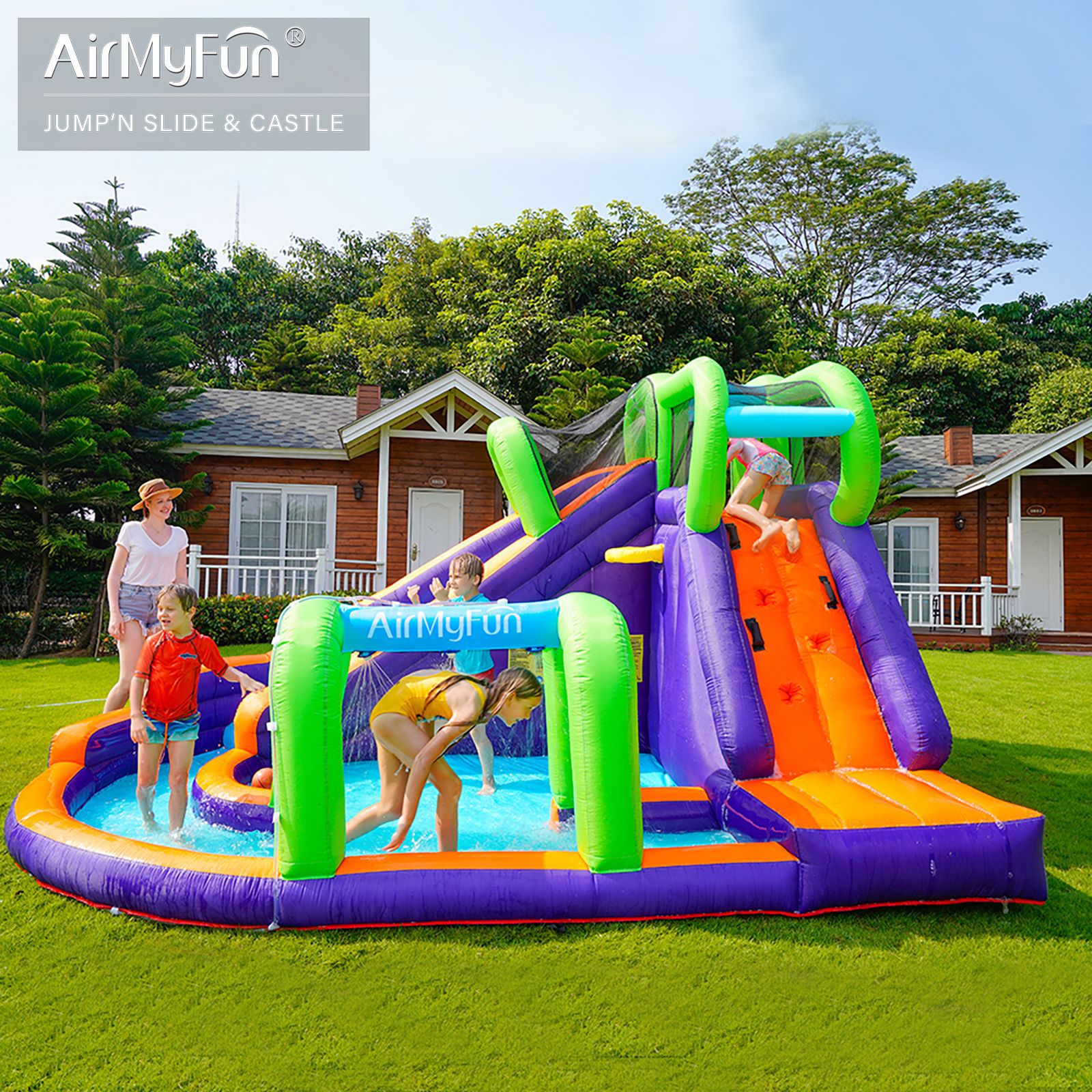 AMF | Castillo inflable con rociador de agua para el hogar, combinación de trampolín inflable, tobogán acuático interior para niños, castillo inflable pequeño antideslizante