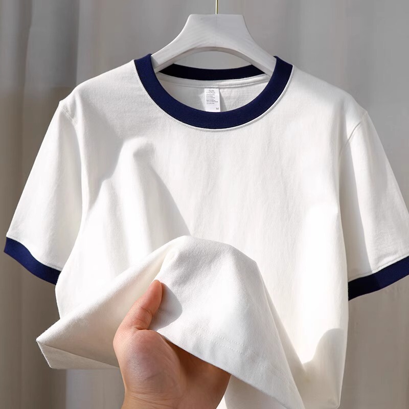 Vanilla white navy 210g combed cotton solid color two needle heavy stitching contrast color short sleeve T-shirt men's and women's