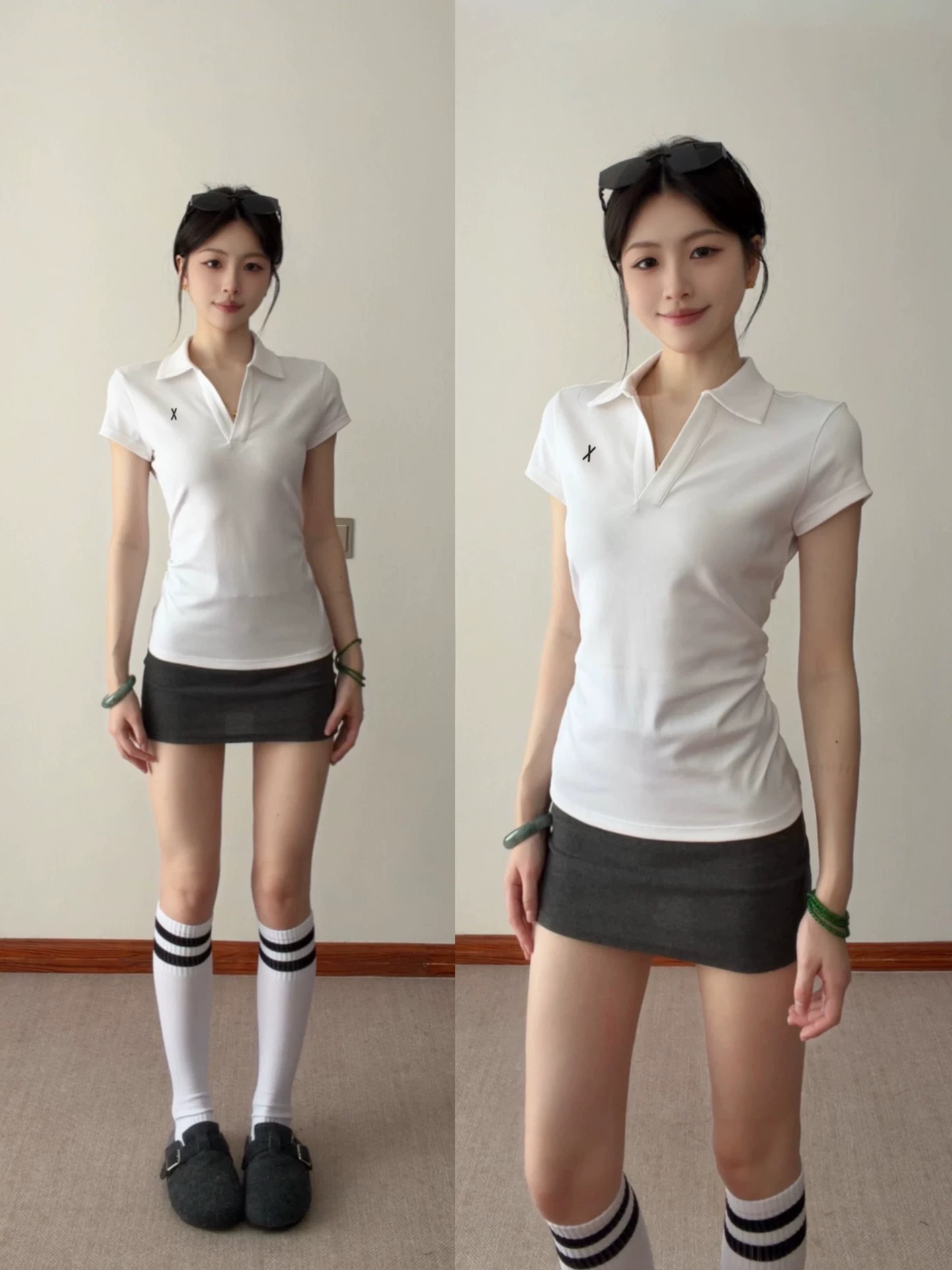 韩系气质V领正肩polo衫t恤女夏季修身收腰翻领运动网球服短袖上衣