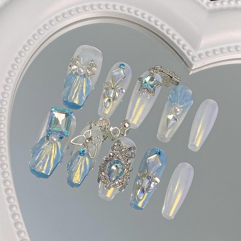 Super white ice transparent dream tassel mermaid handmade phototherapy manicure fake nail patch wear nail detachable wedding nail