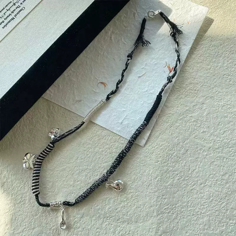 王鹤棣同款编绳项链猫头鹰花卉陶罐勺子黑银小众设计高级感锁骨链