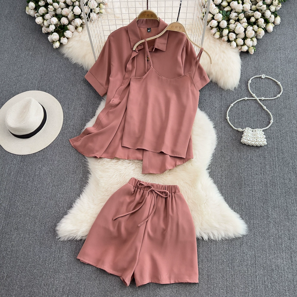 Модный костюм женский повседневный сплошной цвет с короткими рукавами свободная рубашка с камзолом жилет три комплекта широкие шорты с высокой талией летом
