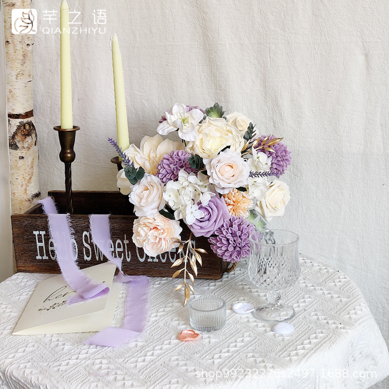 亞馬遜手工制品仿真絹花盒婚禮訂婚手捧花籃DIY禮物玫瑰混搭紫色