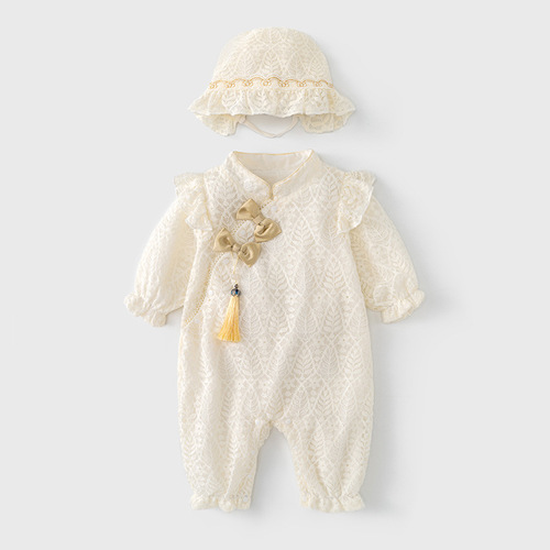 Baby Bodysuit 2024 Spring and Autumn Newborn Baby Clothes Chinese Style White Lace National Style Spring Outfit Crawling Suit