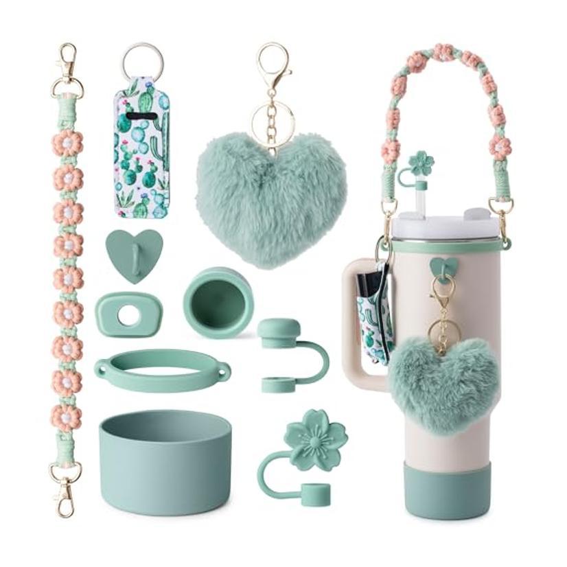 Juego de tapa de pajita de resina accesorios de taza Stanley I correa de mango de botella botas de taza de silicona soporte de lápiz labial llave linda