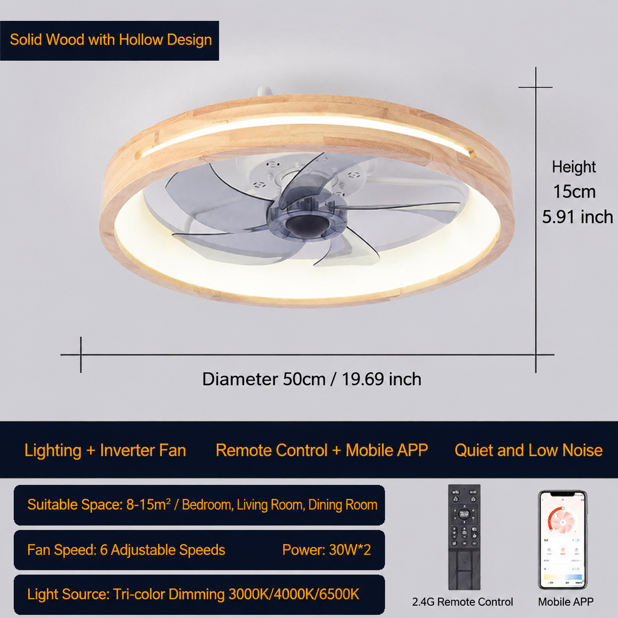 Lámpara Ventilador de Techo de Madera con Control Remoto para Dormitorio y Estudio
