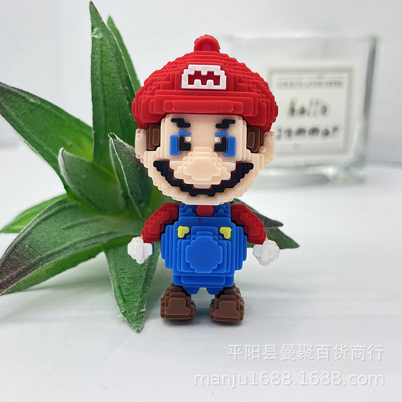 Bloques de construcción de dibujos animados lindo Mario llavero colgante bloques de construcción Super Mario pareja llavero adornos