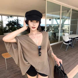 慵懒风复古v领长袖针织T恤女夏季蝙蝠袖宽松防晒罩衫气质薄款上衣