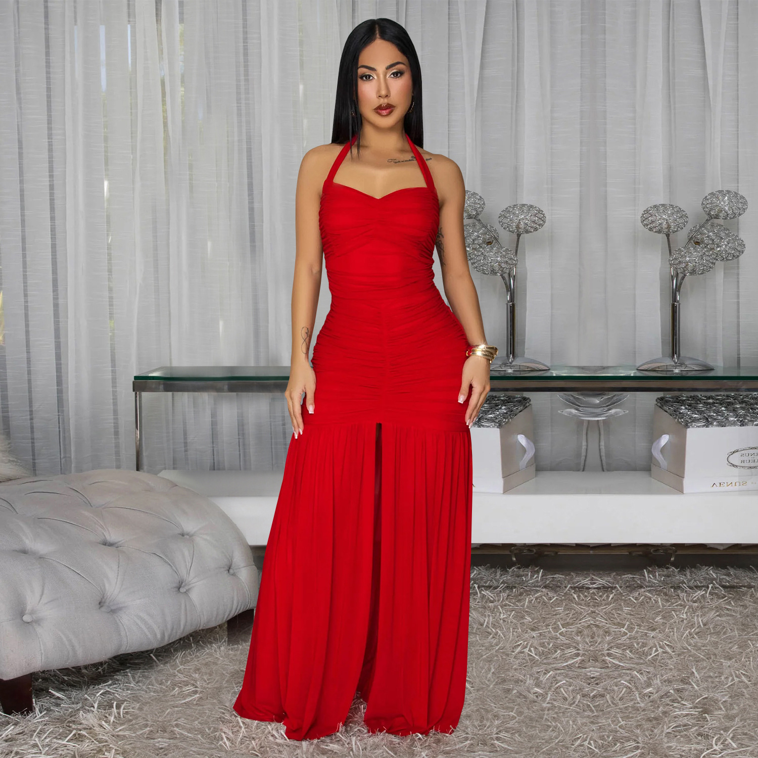 C7656 Aliexpress transfronterizo Amazon Europa y América de moda moda femenina elegante color sólido vestido de trasera abierta image 5